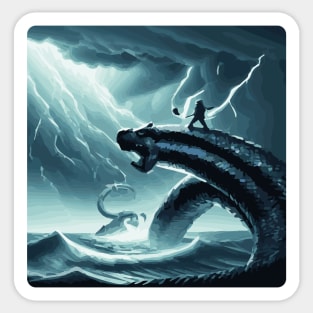 Thor Riding a Huge Serpent - Epic Illustration for Your Home Sticker